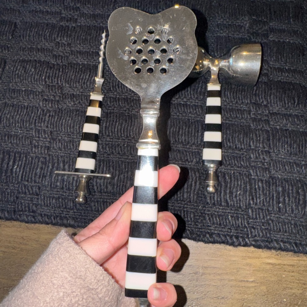 McKenzie Childs Courtley Check Bar Tool Set of 3 Black & Ivory Stainless Steel - Picture 6 of 8